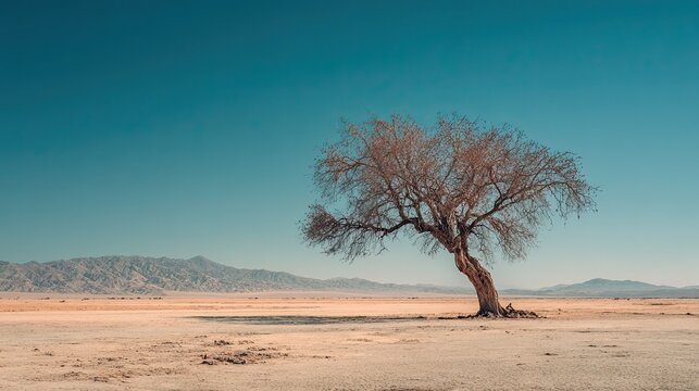 Leafless tree in arid desert landscape representing climate change, nature resilience, drought, and survival theme