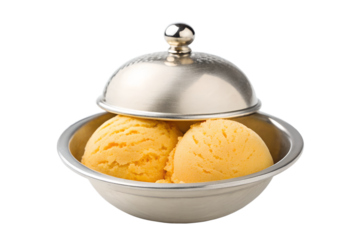 Two scoops of golden-yellow ice cream in a decorative metal bowl isolated on transparent background