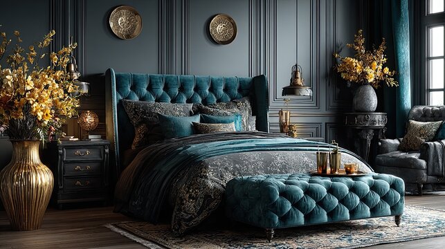 Luxurious bedroom with teal velvet decor and gold accents representing interior elegance, comfort, and design style