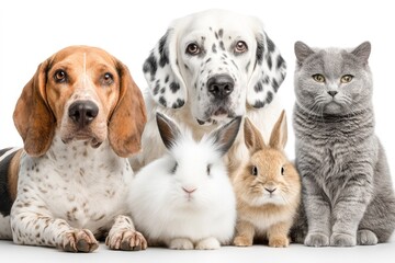 Obraz premium Group of popular pets animals zoo - Adorable dog, cat and rabbit, isolated on white background