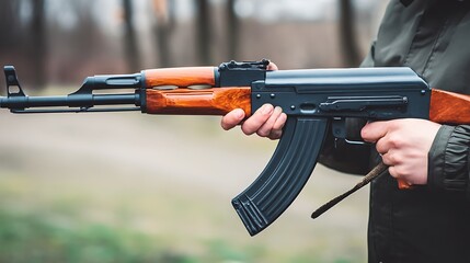 Close-up of a firearm held by human hands.