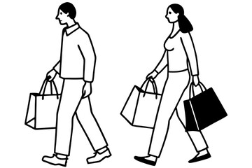 Minimalist Line Art of Two People Walking with Shopping Bags – Urban Lifestyle and Retail Illustration Concept
