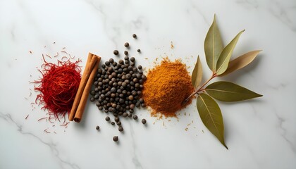 Vibrant spices arranged on a marble surface showcasing saffron, cinnamon, black pepper, turmeric, and bay leaves in a beautiful culinary display Generative AI