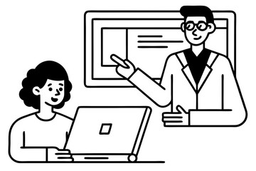 Person Presenting on Digital Screen While Another Works on Laptop – Educational Workshop and Professional Collaboration Concept