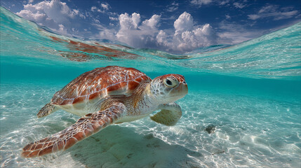 Obraz premium A serene underwater shot of a sea turtle gliding through crystal-clear waters, with the blue sky and white clouds above. The water is transparent like glass,