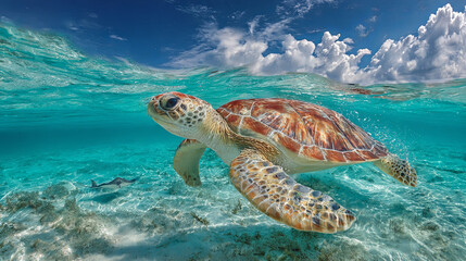 Obraz premium A serene underwater shot of a sea turtle gliding through crystal-clear waters, with the blue sky and white clouds above. The water is transparent like glass,