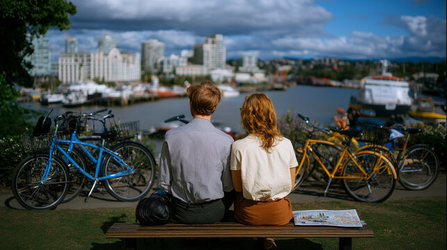 Couple exploring a city map while resting with their bikes - Powered by Adobe