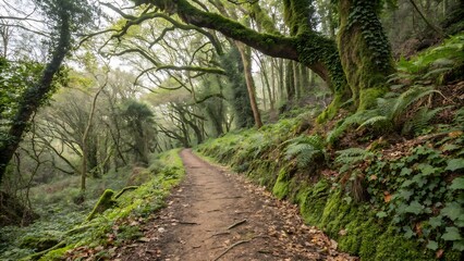 Dirt forest trail is winding through flat design woodland, with vines, moss, fern