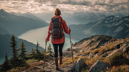 A woman in outdoor gear hiking up the mountain, with climbing tools and a backpack on her back, facing away from the camera, wearing a red jacket,
