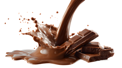 Sweet hot chocolate pouring over bars isolated on a white background