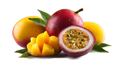 Sweet fresh mangos and passion fruits isolated on a white background