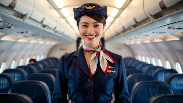 Smiling stewardess cabin service【4K】