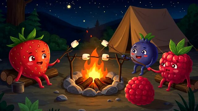 Cartoon Fruits Camping and Roasting Marshmallows Over Campfire in a Seamless Loopable Pattern