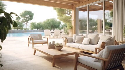 Fototapeta premium Interior of a modern villa viewed through an open veranda, showcasing Scandinavian-inspired design, pale wood elements, clean lines, and soft beige tones .