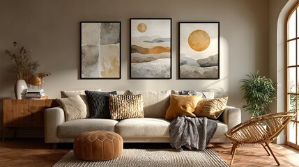 Modern living room with abstract wall art for interior inspiration, stylish space, and design-conscious decoration