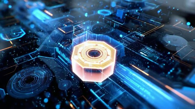 Cybernetic Core: A close-up view of a futuristic computer component, showcasing intricate circuitry and a central glowing core, evoking the innovation of technology and data.