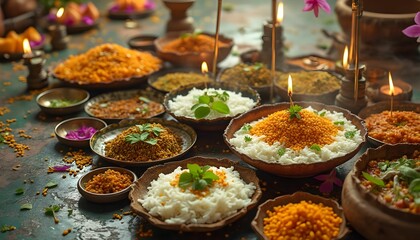 Festive Indian meal with a variety of rice dishes, lentils, and vibrant decorations set on a rustic table during a celebration in the evening hours Generative AI