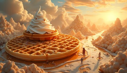 Creative landscape of a giant waffle topped with soft serve ice cream at sunset with people exploring the whimsical dessert terrain in a fantasy world Generative AI