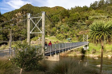 Hikers cross the Karangahake Gorge bridge in New Zealand. The suspension bridge spans a river,...