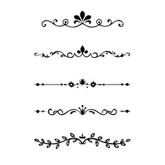 Obraz premium Gold text dividers doodle set. Wedding decorative elements. Divider ornament, borders, floral, vintage line separators. Hand drawn vector illustration isolated on white background. Set page dividers. 