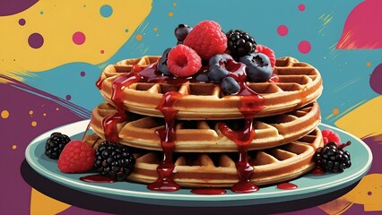 Delicious waffles topped with fresh berries and syrup served on a colorful plate Generative AI