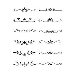 Obraz premium Gold text dividers doodle set. Wedding decorative elements. Divider ornament, borders, floral, vintage line separators. Hand drawn vector illustration isolated on white background. Set page dividers. 