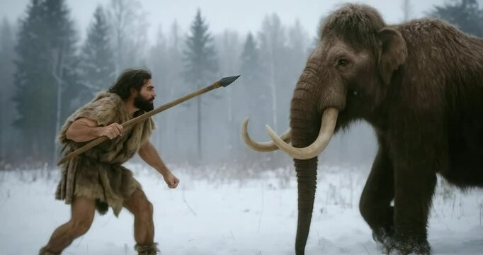 Caveman Retreating from Woolly Mammoth in Snowy Forest. Prehistoric Survival Concept in Cinematic Winter Landscape
