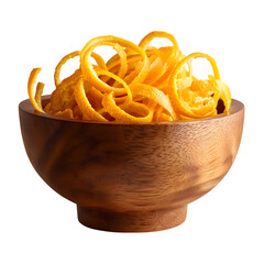 Wooden Bowl Filled with Fresh Orange Peels Isolated on Transparent Background

