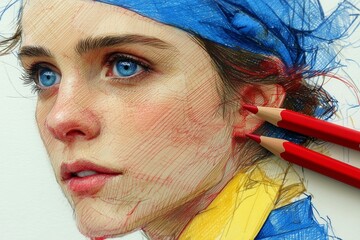 Artistic Sketch of a Woman with Vibrant Blue Eyes and Red Pencils