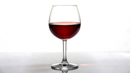 Glass of red wine on reflective surface with white background in studio lighting
