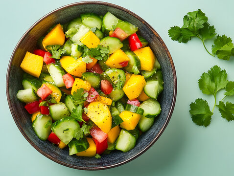 Fresh mango cucumber salad with tomatoes and cilantro in a bowl
