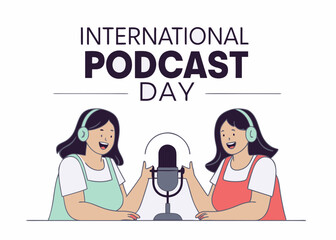 Celebrating International Podcast Day with Two Female Podcasters and a Central Microphone Illustration women wearing