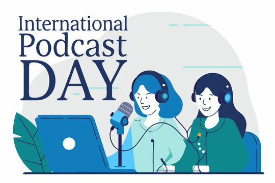 International Podcast Day Illustration Featuring Two Women Recording a Podcast with Laptop and Microphone women - Powered by Adobe