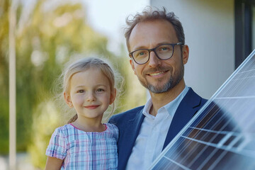 Father and Daughter with Solar Panel Outdoors