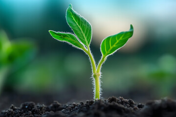 Young Green Seedling Growing in Soil at Sunrise