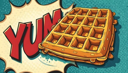 Waffle with a playful comic style backdrop showcasing excitement for delicious breakfast treats at a cozy dining location Generative AI