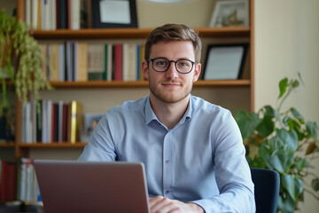 Man Working on Laptop at Cozy Workspace