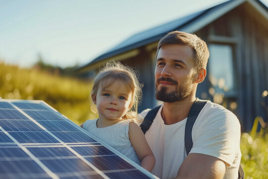 Father and Daughter with Solar Panel Outdoors