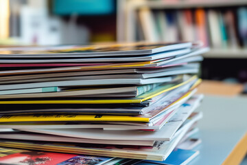 Stack of colorful magazines on a table