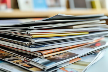 Stack of colorful magazines on a table