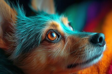 Close-Up of a Dog's Face with Vividly Colored Fur and Intense Gaze