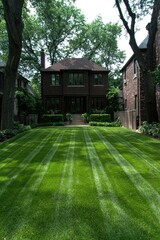 A well-maintained lawn with striped mowing patterns leads to a dark brick two-story house surrounded by trees and neighboring homes.