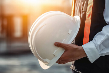 Engineer Holding Hard Hat at Construction Site