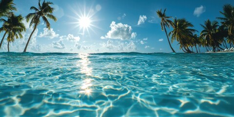 Tropical beach scene with clear blue water, palm trees, and the bright sun shining in a partly cloudy sky.