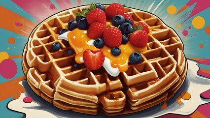 Delicious waffle topped with vibrant berries and syrup on colorful background during a sunny breakfast setting Generative AI