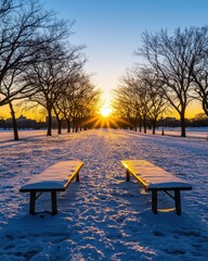 A snowy park at sunrise with bare trees and two benches covered in snow, casting long shadows on the ground.