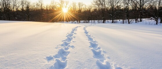 Footprints trail through a snowy field at sunrise, with bare trees lining the horizon under a clear sky.