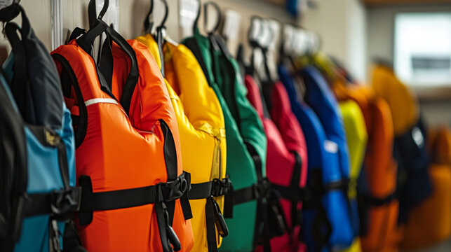 Diverse group of life vests on hooks in a community center, varying sizes and colors