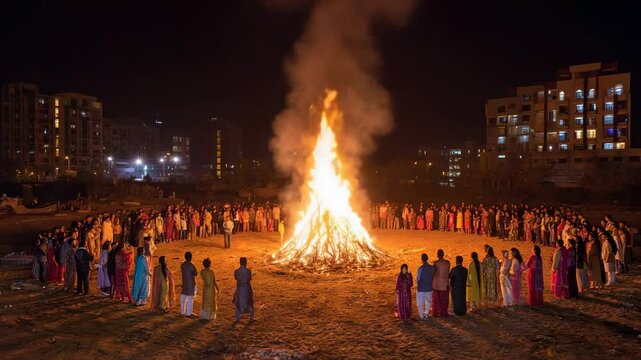 Traditional Indian festival celebration with people dancing around large bonfire during night in the city