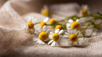 Chamomile flowers drying on mesh, linen background with light